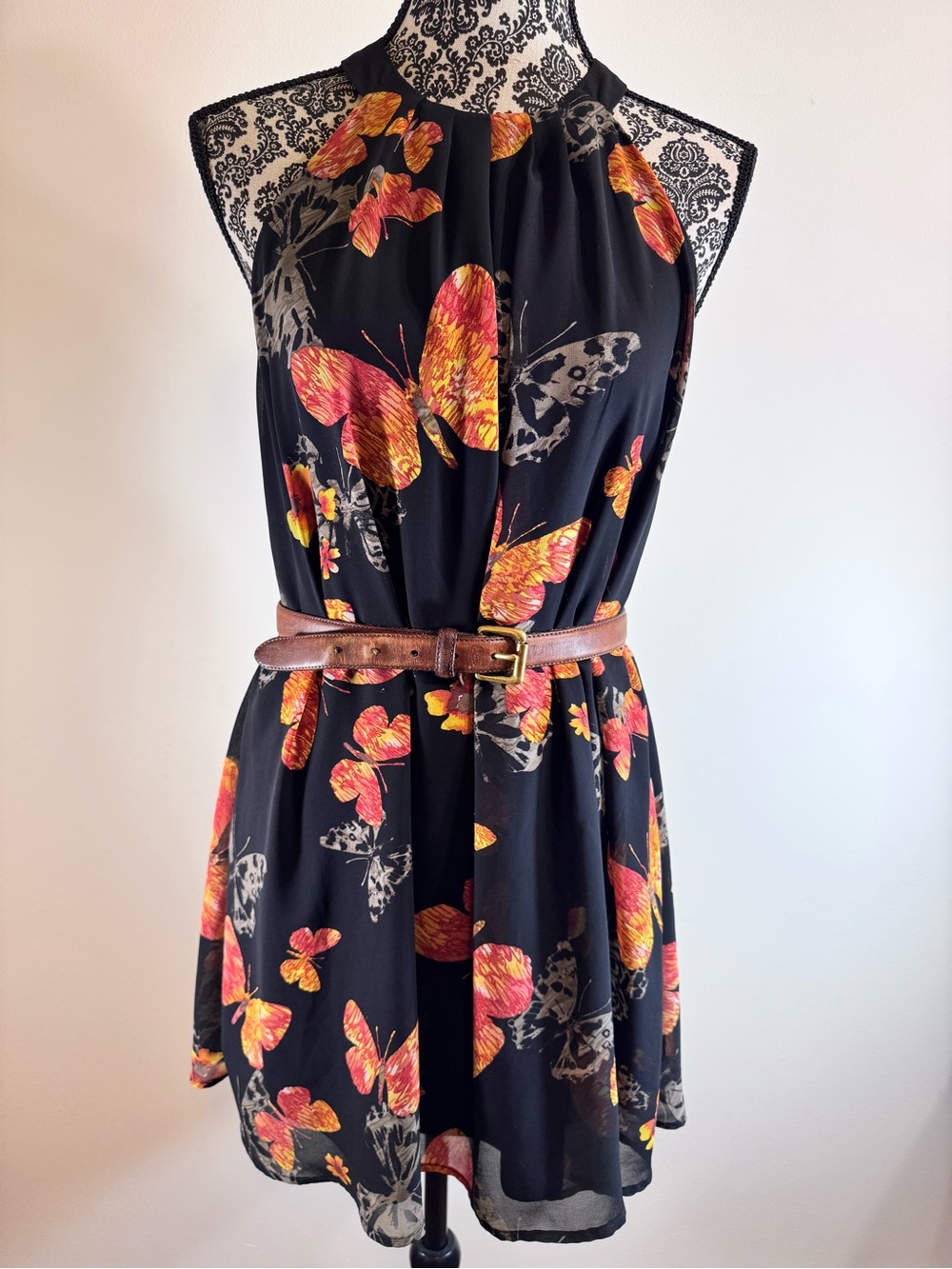 One Clothing Butterfly Black Halter Mini Dress with Pink & Yellow Print size LG - Picture 3 of 10
